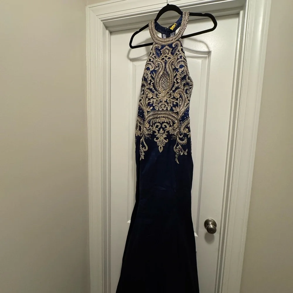 Jovani Blue and Gold Beaded Halter Prom Gown / Dress - Picture 11 of 16